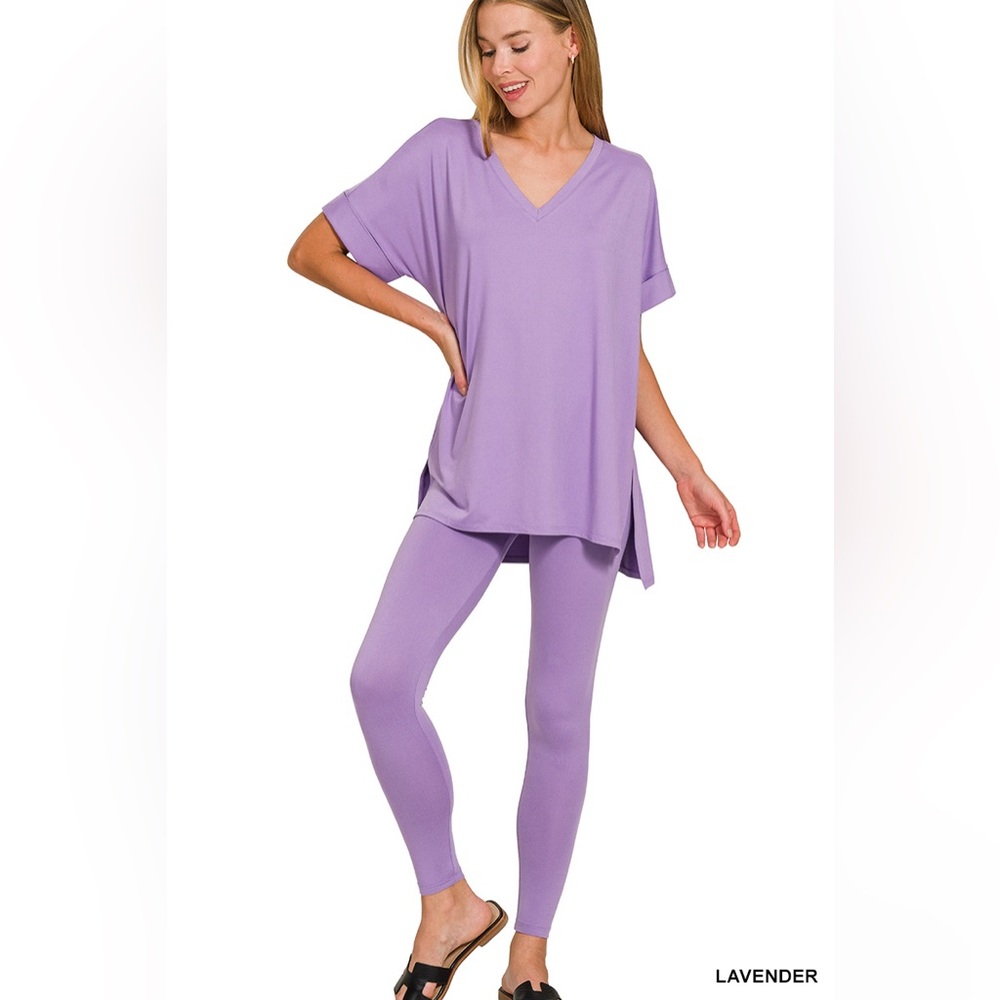 NWT ZENANA BRUSHED DTY MICROFIBER SHORT SLV V Neck LOUNGEWEAR SET